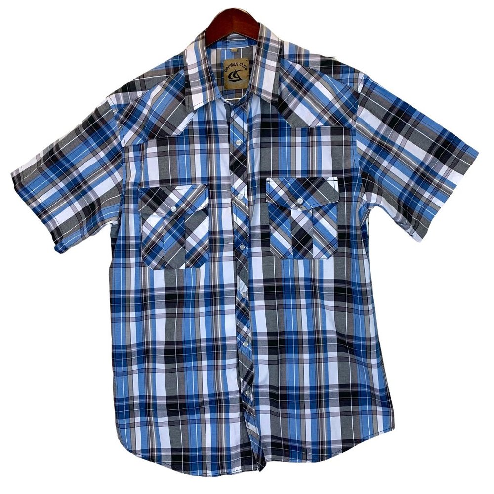 Western Pearl Snap Shirt Mens Large Plaid Cowboy Short Sleeve Blue Snap Front